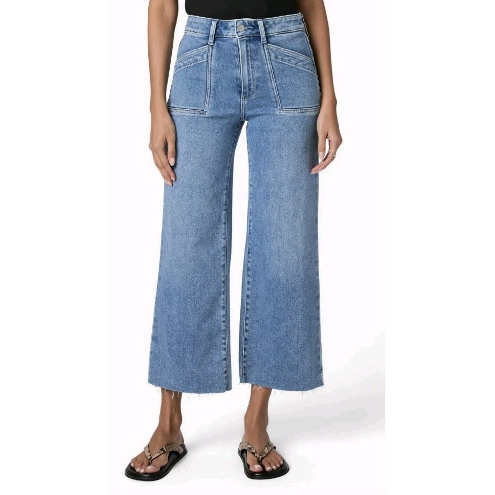 PAIGE Anessa Ankle Crop Wide Leg Jeans Raw Hem Women 28 Stretch High Waisted